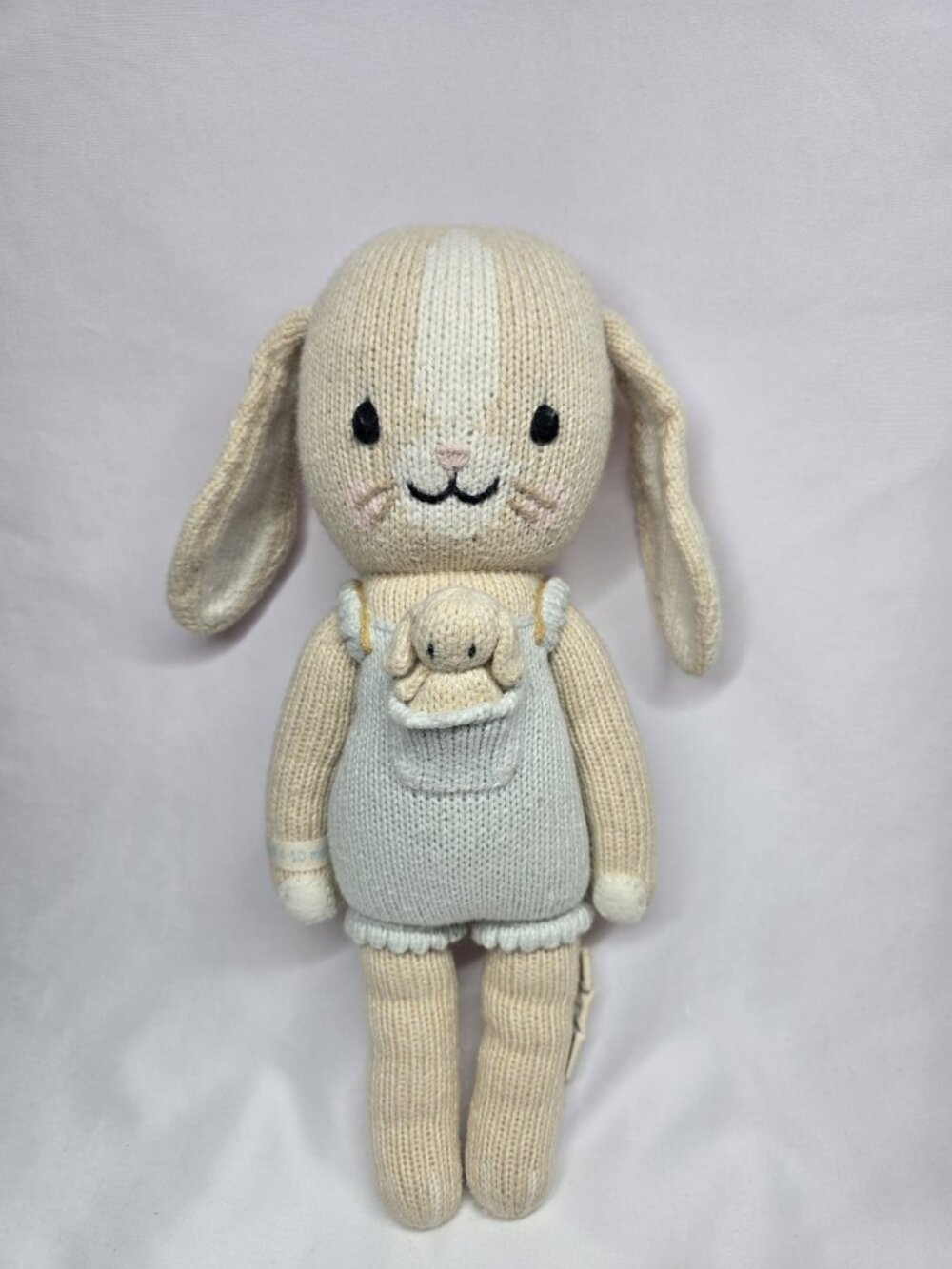 Cuddle and Kind Briar the Bunny Handmade Knitted Doll Cream & Blue